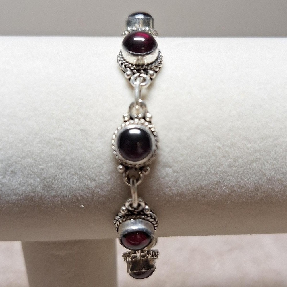 Sterling silver garnet bracelet cabochon stations artisan crafted